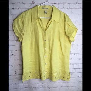 E-COL-O-GIE Women Linen Short‎ Sleeve Blouse Yellow Shirt Top Size XL.
